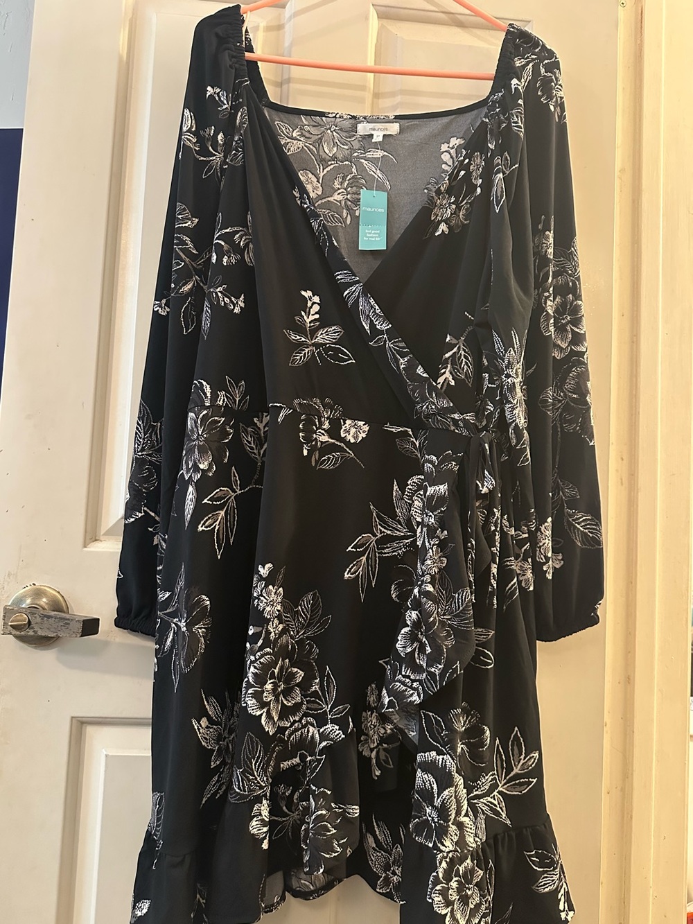 Maurices Black Floral Wrap Dress with White Print
